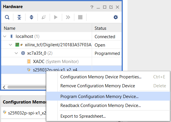 Program Configuration Memory Device window