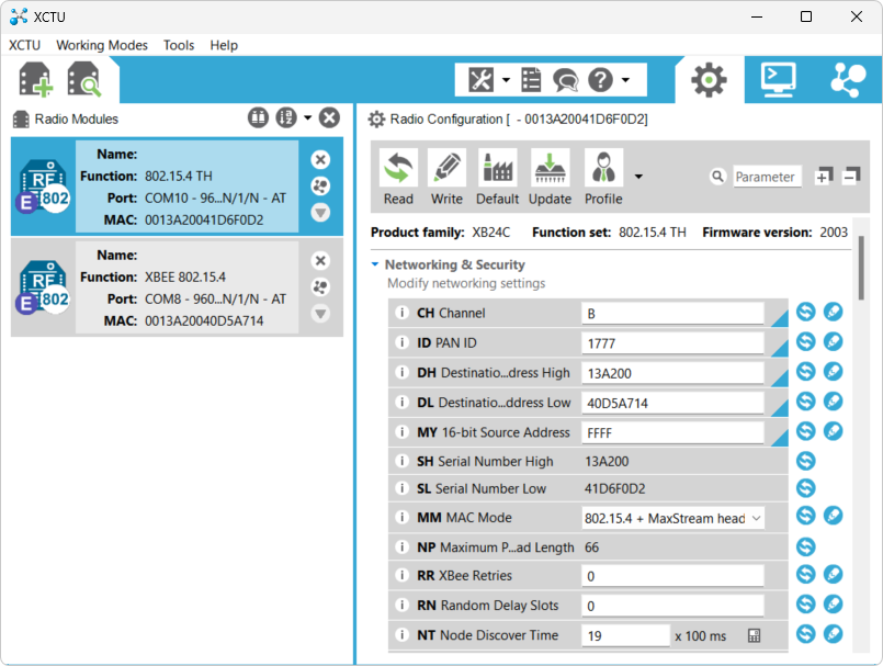 Screenshot of XCTU with the device config page opened