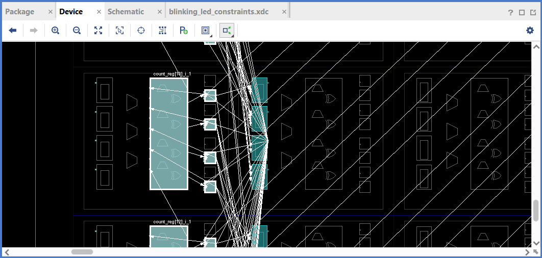 Device pane in Vivado after enabling Show Cell Connections (rightmost button in the Device pane) and clicking a logic block that is used in the circuit.