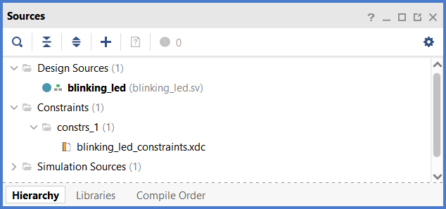 The “Sources” pane with the newly added constraint file (Flow Navigator > Project Manager).